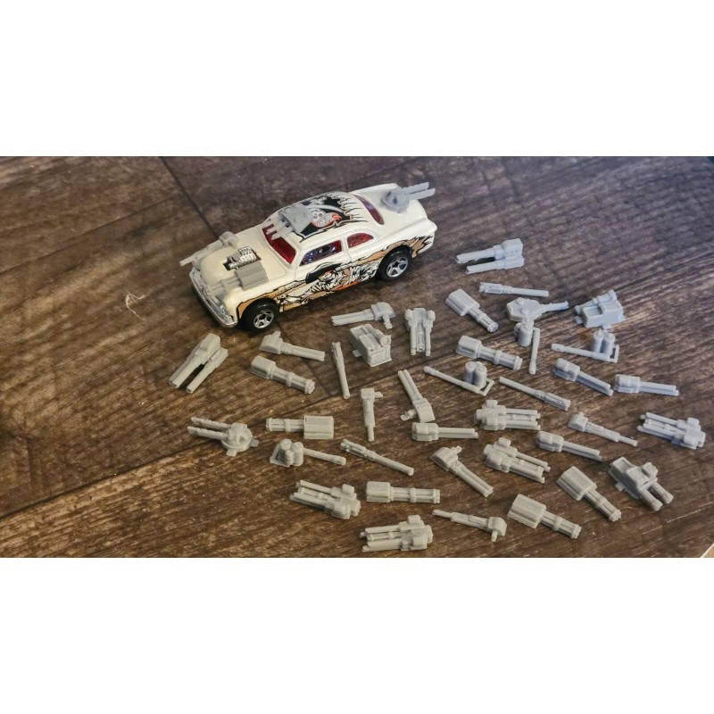 Gaslands Tiny Weapons Pack 40 items Silver 3d printed. 19