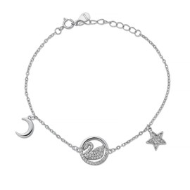 Namomi Jewelry 925 Sterling Silver Rhodium Plated Swan Bracelet with Moon and Stars, 1.3 inch Extension