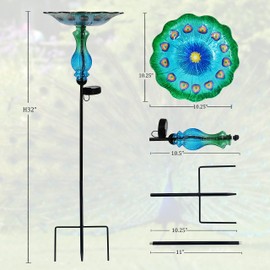 John's Studio Peacock Bird Bath for Outdoor - Glass Bowl Solar Light Cage Outside Dish Bird Feeder with Metal Stake for Garden, Yard and Patio - 32 inches