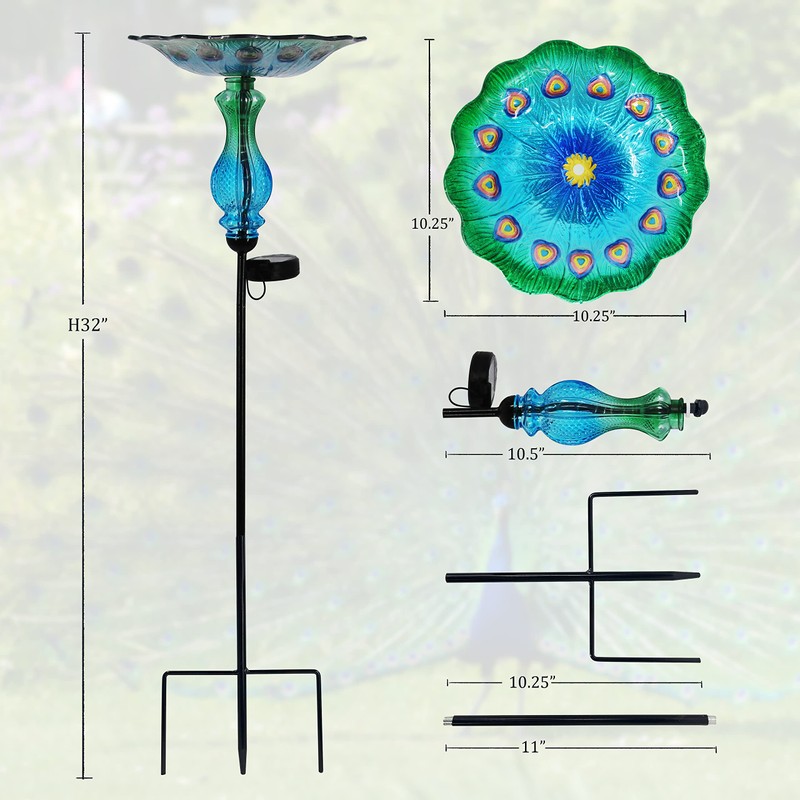 John's Studio Peacock Bird Bath for Outdoor - Glass Bowl