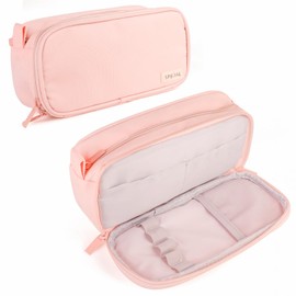 Large Capacity Pencil Case, Pen Pencil Organizer 2 Comparments with 5-Slot Quick Access, Multi-Functional Aesthetic Pencil Pouch for Office Middle High School Stationery Supplies College (Pink)