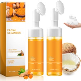 GHTPJ Turmeric Face Wash With Brush, Deep Cleansing Scrub Exfoliating Glow WashTurmeric Foaming Facial Cleanser, Mild Texture For Women Men's All Skin.-2Pcs
