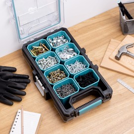 Navaris Modular Storage Organizer Box - Portable Plastic Hardware Box with 8 Compartments for Screws Nails Small Tools Parts - Garage Shed Storage Box