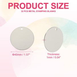 PATIKIL 32 Pcs Metal Stamping Blanks, 40mm Round Name Tags Stainless Steel Circle Blanks Label Flat Plate Disc with Hole for Laser Engraving Stamping Dog Tags Keychain Making, Silver Tone