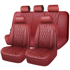 CAR PASS Piping Luxury Faux Leather Seat Covers Full Set, Premium Delux Anti-Slip Waterproof Automotive Seat Cover Universal Fit for Sedans Suvs Vans Trucks, Armrest & Airbag Compatible, Burgundy Red