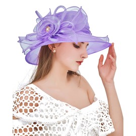 ELLYDOOR Women Derby Fascinator Hats Organza Church Wedding Hat Wide Brim Cocktail Tea Party Hat Purple