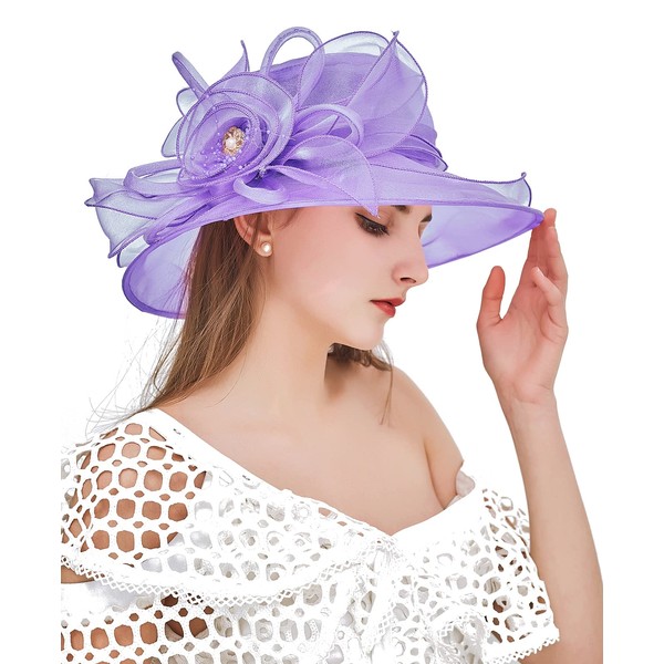 ELLYDOOR Women Derby Fascinator Hats Organza Church Wedding Hat Wide