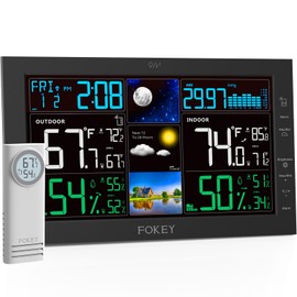 FOKEY Weather Station Wireless Indoor Outdoor, Indoor Outdoor Thermometer Wireless, Home Atomic Clock Weather Stations, Temperature Humidity Barometer Inside Outside Thermometers, Black with 1 Sensor