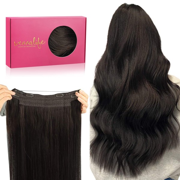 WENNALIFE Secret Hair Extensions Real Hair, 45 cm, 18 Inches 95 g Dark Brown Remy Hair Extensions Real Hair Wire Hair Extensions Fish Line Invisible Wire Extensions Real Hair