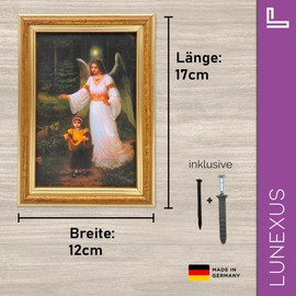 Lunexus Guardian Angel Picture 12 x 17 cm with Wooden Frame and Real Glass - Catholic Blessed - Angel Motif Accompanied Child Through Dark Forest - Wall Picture Christening Birth Communion Children's