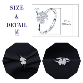 MICGIGI Women's Adjustable Ring 925 Sterling Silver Finger Ring Cubic Zirconia Four Leaf Clover Design Open Ring, Silver