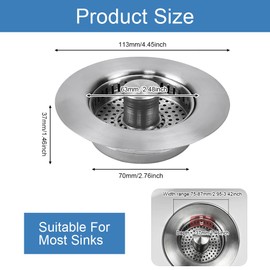 EUIEUT Sink Plug Strainer, 3 in 1 Kitchen Sink Strainer Stainless Steel Pop Up Sink Drainer Plug Universal Strainer and Plug for Sink Holes with Diameter of 75-87 mm and Depth > 37mm