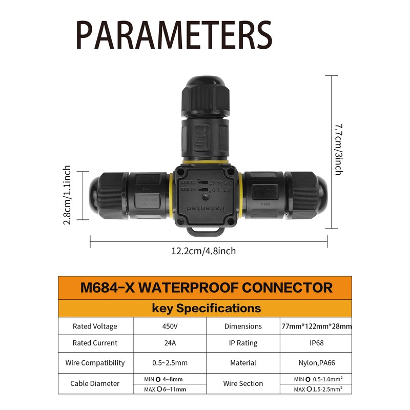 YACSEJAO 3 Pin Outdoor Junction Box 2/3/4 Way IP68 Waterproof