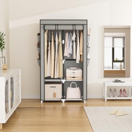 VTRIN Portable Closet Wardrobe for Hanging Clothes with 4 Storage Shelves, 2 Hanging Rods and 6 Pockets, Stable and Easy Assembly Clothes Rack with Cover Free Standing Closet for Bedroom, Grey