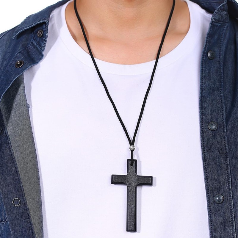 Rockyu Men's Long Cross Necklace Popular Cross Wooden Charm Black