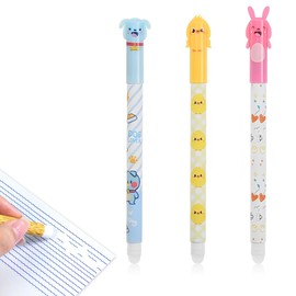 ZORTVUL Pack of 3 Gel Pens Erasable Black Ink Cute Cartoon Erasable Pen Tip 0.5 mm Lead Diameter Ball at the End for Removing the Ink Without Wearing Out the Sheet for Students School