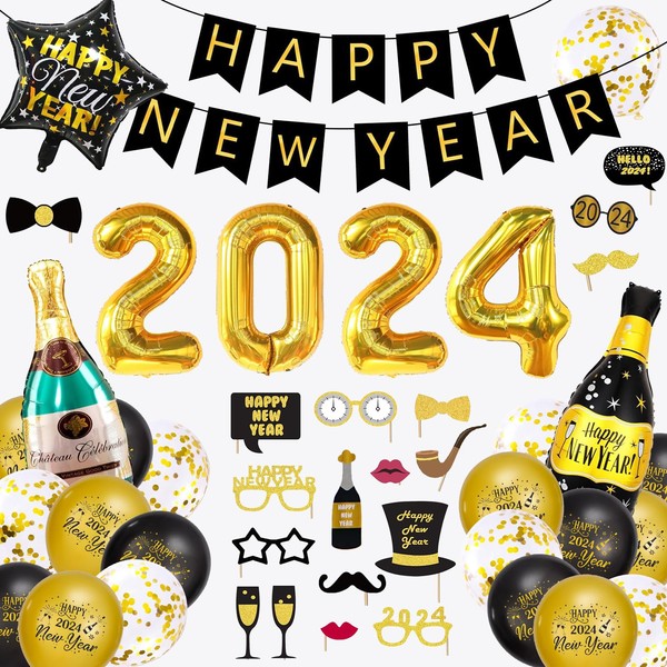 46 Pieces New Year's Eve Decoration 2024 Set, Happy New Year Banner, XXL 2024 Foil Balloons, Champagne Bottles and Five-Pointed Star Foil Balloons, Photo Props for New Year's Eve Party