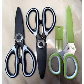 Vutyvve Kitchen Scissors, Multi-Purpose Heavy Duty Meat and Poultry Shears, Multi-Edge Scissors, Stainless Steel Blades, 2 Black Kitchen Scissors 1 Green, 3 Piece Set