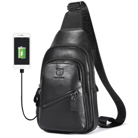BULLCAPTAIN Leather Sling Chest Bag for Men Outdoor Hiking Travel Crossbody Bag Backpack with USB Charging Port (Black)
