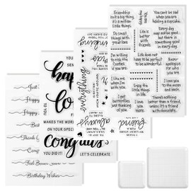 4 Sheets Clear Rubber Stamps for Card Making with 2pcs Acrylic Clear Stamp Block Tools, Sentiments Rubber Clear Stamps Motivational Stamps with Warm Words for Crafting Making Scrapbooking