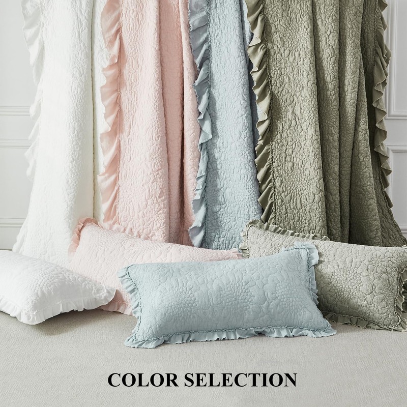 WINLIFE Bright White Ruffled Quilt Set 3pcs Queen 90''x98'' -