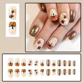 Fall Press on Nails Short Square Fake Nails Gold Glitter Full Cover Thanksgiving Pumpkin Maple Leaf False Nails Autumn Leaves Acrylic Nails Polka Dots Design Glue on Nails for Women Girls DIY 24Pcs