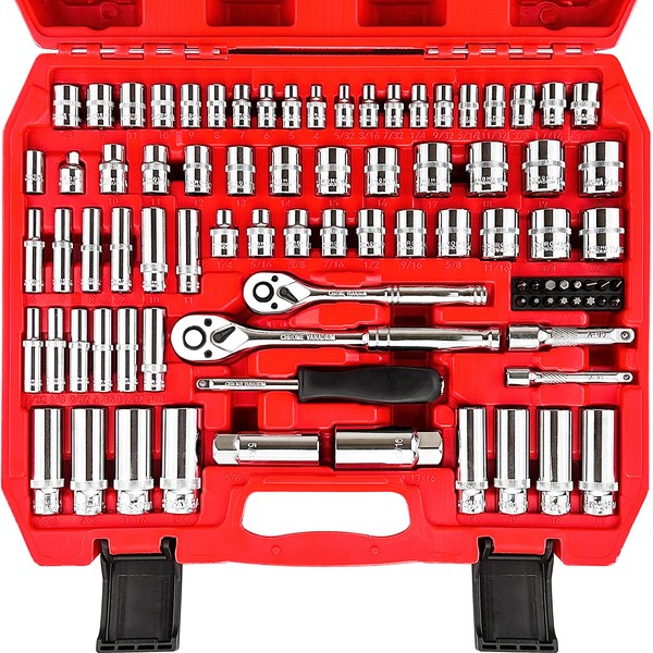 WETT 1/4" and 3/8" Drive Socket Set, 86-Piece Socket Wrench Set with Quick-Release Ratchet, Extention Bar, Adapter, 1/4" Bits, CR-V Steel, Metric/SAE, Deep/Shallow, Mirror Chrome Finish