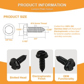 OTTOPO Black License Plate Screws - Set of 8, 304 Stainless Steel, Rustproof Hardware Kit for Front/Rear Car Plates on Domestic Vehicles - Electrophoretic Black Finish, Mounting Bolts