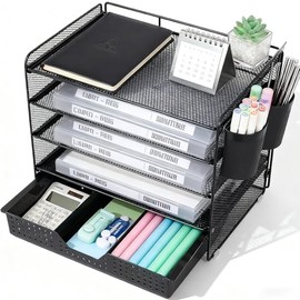 LEKETREE Organizador de escritorio y accesorios, organizador de bandejas de papel de 5 niveles con cajón y 2 soportes para bolígrafos para la organiza