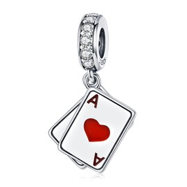 Qings Spielkarte Anhänger Charm für Damen, 925 Sterling Silber Poker Ace of Hearts Pik Glücklich Anhänger für Europäische Charm-Armbänder und Halsketten