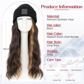 S-noilite Beanie Wig Hair Extensions,18 Inch Long Wavy Hair Extensions with Knitted Hat Hairpieces for Women Girls Winter Medium Brown with Dark Blonde