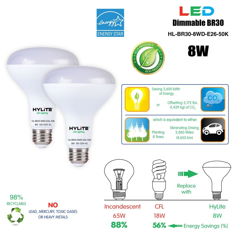HyLite LED Lighting HL-BR30-8WD-E26-50K Energy Star BR30 8W Bulb, 65W