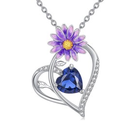 SELKAT Birth Flower Necklace 933 Sterling Silver Birthstone Necklace Birth Month Flower Necklace for Women Floral Heart Pendant Jewelry Birthday Gifts for Mother Wife Friends-Aster-9