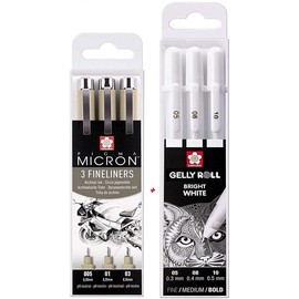 SAKURA Pigma Micron 005 .01. 03 Gelly Roll White, 3 Pens Bright White in Case, Mix Size 05/08/10