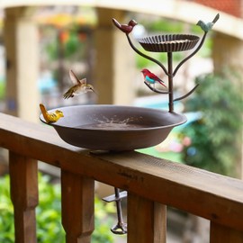 CaliDecor Deck Mounted Bird Bath and Feeder, 2 in 1 Balcony Birdbaths for Deck Railing with Removable Clamp, Cast Iron Bird Decor for Porch Patio Garden