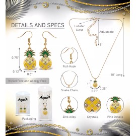 Aqua79 Cute Sparkling Pineapple Gold Dangle Earrings and Necklace Jewelry Set