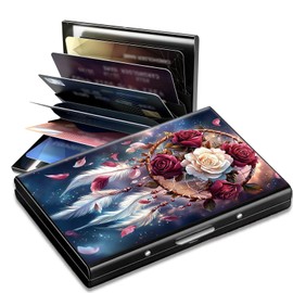 SROJDHFJB Metal Credit Card Holder RFID Blocking, Rose Dreamcatcher Slim Mini Aluminum Wallet Hard Case for Men & Women, Small Business Card Case Card Organizer Case Holds 12 Cards & Bills