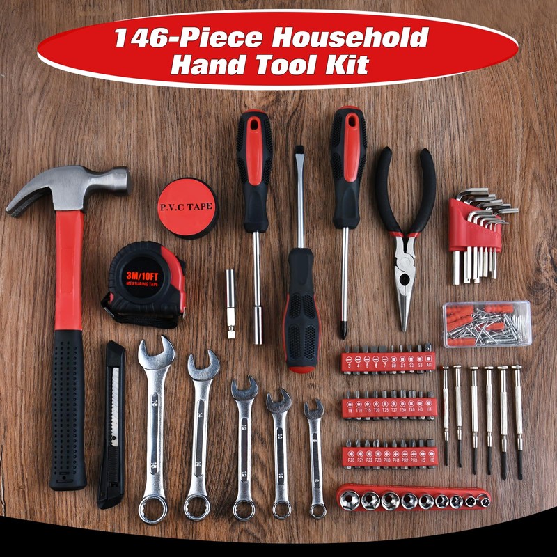 LEONTOOL 146 PCS Home Tool Kit with Hammer, Pliers, Wrenches,
