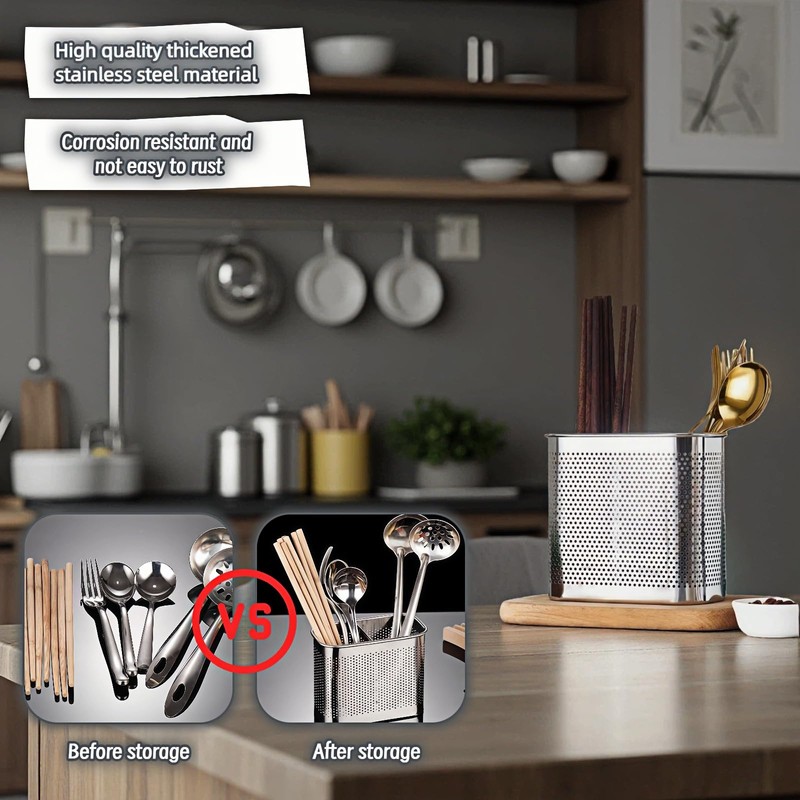 SAYUANVA Stainless Steel Kitchen Utensil Holder with Hooks, 2-Tier Stainless