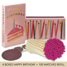 Thankful Greetings HomArt Decorative Matchbox w/ 4 Inch Matches & Refill | Set of 4 Birthday Vintage Boxes + 100 Pink Tip Matches & Striker Stickers Unique Gifts, Home Decor, & Candle Accessories