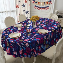 bnhjsdw 4th of July Oval Tablecloth Memorial Day Patriotic American Flag Table Cloths for Indoor and Outdoor Kitchen Dining-54 x72