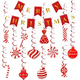 MARFOREVER Merry Christmas Banner，Candy Christmas Decorations Include Christmas Candy Banner Christmas Candy Hanging Swirl Decorations Indoor for Office Christmas Holiday Party Decorations