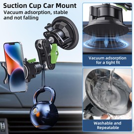 HEMMOTOP Car Phone Mount, Suction Cup Camera Mount for Smooth Windshield Window Glass Dashboard, Magic Arm Suction Car Phone Holder Mount for All Smartphones & Cars