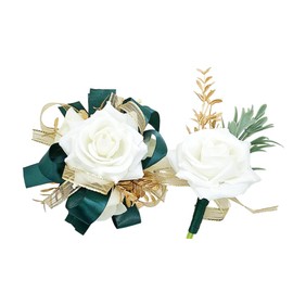 DESUNESS Ivory Rose Wrist Corsage Wristlet Band Bracelet and Men Boutonniere Set with Dark Green Ribbin for White Wedding Flower Accessories Prom Suit Decorations