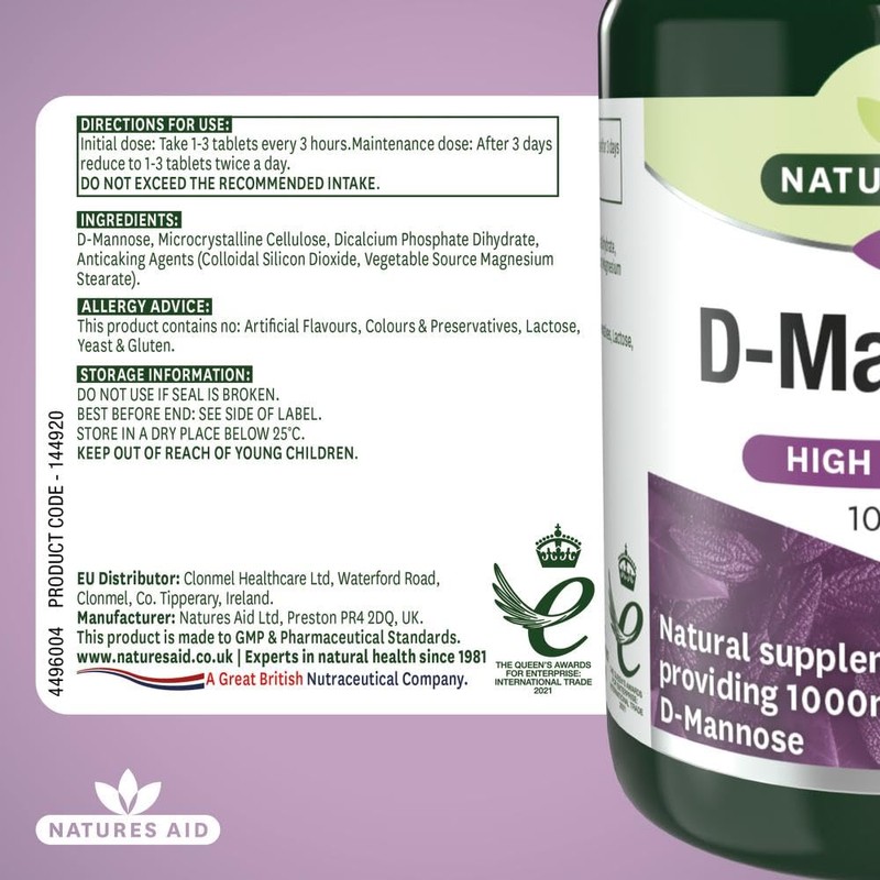 Natures Aid D-Mannose 1000mg (Suitable For Vegans), 60 Count (Pack