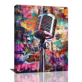 Music Microphone Banksy Wall Art, Music Lover Canvas Wall Decor, Graffiti Microphone Pictures Framed Painting, Artwork for Bathroom Living Room Bedroom 16L'' × 12W''