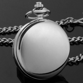 Tiong Vintage Silver Smooth Steel Pocket Watch with Chain Roman Numerals Silver Men's Quartz Pocket Watches for Men
