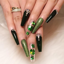 St. Patrick's Day Press on Nails Coffin Long Fake Nails With Green Glitter Shamrock Sequins Rhinestones Designs Dark Green Full Cover Stick on Nails Acrylic Artificial Nails for Women Girls 24Pcs
