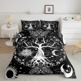 Erosebridal Tree of Life Comforter Set Sun and Moon Bed Sets, Gothic Moth Duvet Trippy Galaxy Stars Quilt Duvet King Cosmic Celestial Stars Down Comforter, Luxury Chic Bedroom Decor 3Pcs Black White