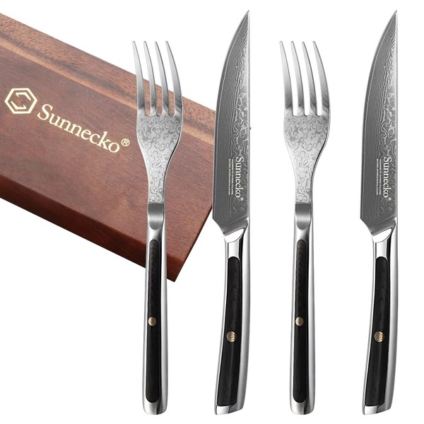Sunnecko Steak Knife Fork, 4-Piece Set, 73-Layer Damascus, Caratory, Stylish, Home Use, High Quality, Rustproof, Dinner Knife Fork, Cutlery Accessories, Cooking Tools, Kitchen Supplies, New Life, Wedding Gift, Housewarming Gift, Birthday